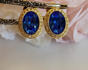 Vintage Cobalt Blue Faceted Halo Crystal Rhinestone Oval Mid-Century Goldplated Wedding Special Occasion Costume Clipon Jewelry Gift 1"