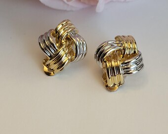 Vintage Studs Love Knots Earrings Infinity Loop Braided Rope Retro Chunky Shiny Gold Silverplated Clipon Costume Jewelry Gift 1"