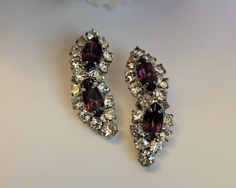 Vintage Earrings Curved Purple Clear Crystal Rhinestone Marquise Cut Navette Mid-Century Wedding Special Occasion Costume Jewelry Gift 1"