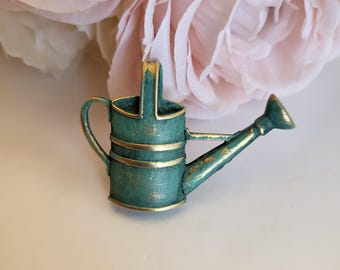 Vintage Brooch Pin Lapel Gardeners Watering Can Signed JJ Aged Patina Tone Retro Antique Style Blazer Costume Green Goldtone Jewelry Gift