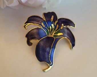 Vintage Cloisonne Lily Brooch Pin Lapel Purple Gold Trumpet Petals Enamel Vibrant Colorful Shoulder Scarf Goldtone Costume Jewelry Gift 2"