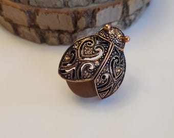 Vintage Style Ladybug Brooch Pin Lapel 1928 Stylized Crystal Intricate Filigree Whimsical Cooper Bronze Shoulder Scarf Costume Jewelry Gift