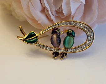 Vintage Brooch Pin Lapel Perched Love Birds Jelly Belly Cabochon Green Purple Enamel Moonglow Shoulder Scarf Goldplated Jewelry Gift 2 1/2"