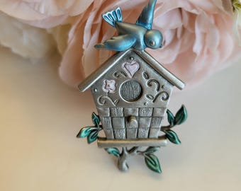 Vintage Brooch Pin Lapel Signed JJ Pewter Large Birdhouse Perched Chirping Blue Bird Enamel Costume Jewelry Gift