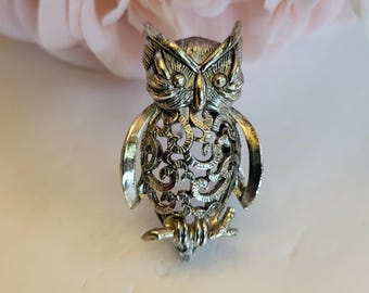 Vintage Brooch Pin Lapel Boho Perched Owl Filigree Belly Retro Mid-Century Scrolled Textured Shoulder Silverplated Costume Jewelry Gift