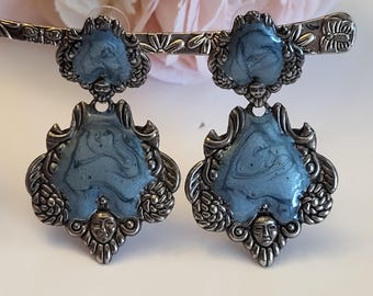 Vintage Style Earrings Victorian Revival Baroque Cherub Faces Dangle Drop Luggage Tag Blue Swirl Enamel Silvertone Costume Jewelry Gift 3"