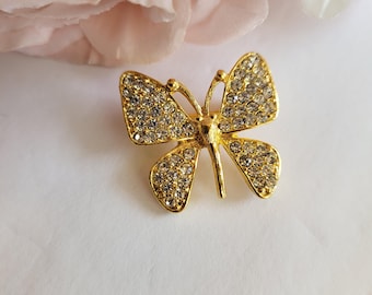 Vintage Brooch Pin Lapel Butterfly Embellished Pavé Crystal Rhinestone Signed Napier Textured Blazer Goldplated Costume Jewelry Gift 1"