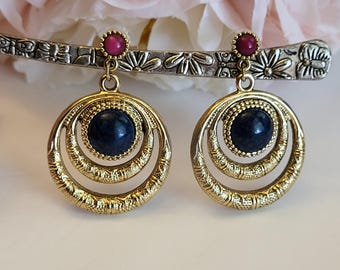 Vintage Etruscan Byzantine Revival Style Earrings 1928 Hoops Dangle Drop Blue Pink Purple Cabochon Scrollwork Retro Goldtone Jewelry Gift