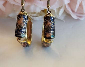 Vintage Cloisonne Earrings Enamel Floral Butterfly Square Vibrant Colorful Dangle Drop Post Pierce Goldtone Costume Jewelry Gift 2"