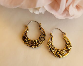 Vintage Antique Style Hoop Earrings Rose Bud Embossed Floral Mid-Century Modern Ornate Bronze Goldtone Dangle Drop Costume Jewelry Gift 1"