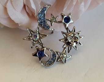 Vintage Celestial Whimsigoth Brooch Pin Lapel Moon Sun Stars Blue Clear Crystals Shoulder Scarf Silvertone Costume Jewelry Gift 1"