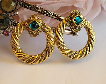 Vintage Hoop Post Earrings 1928 Scrollwork Victorian Revival Byzantine Style Rope Trim Flower Green Glass Goldtone Costume Jewelry Gift 1"