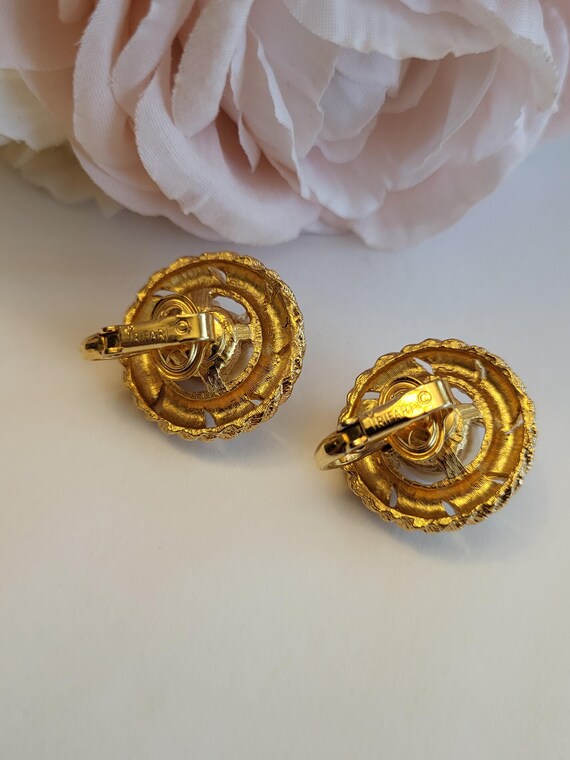 Vintage Earrings Signed Crown Trifari Twisted Rope Coil Silky Faux Pearl Studs Textured Goldtone Clip-On Collectible Jewelry Gift 1" View 5