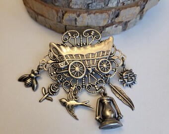 Vintage American Western Themed Pioneer Wagon Brooch Pin Lapel Dangle Charms Victorian Style Mid-Century Filigree Silvertone Jewelry Gift