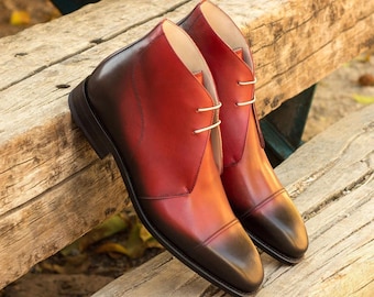 Men's Custom Handmade Patina Polished Red Calf Skin Leather Chukka Boots