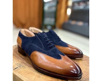 Two-Tone Navy Suede & Tan Leather Oxford Shoes – Wingtip Spectator Style