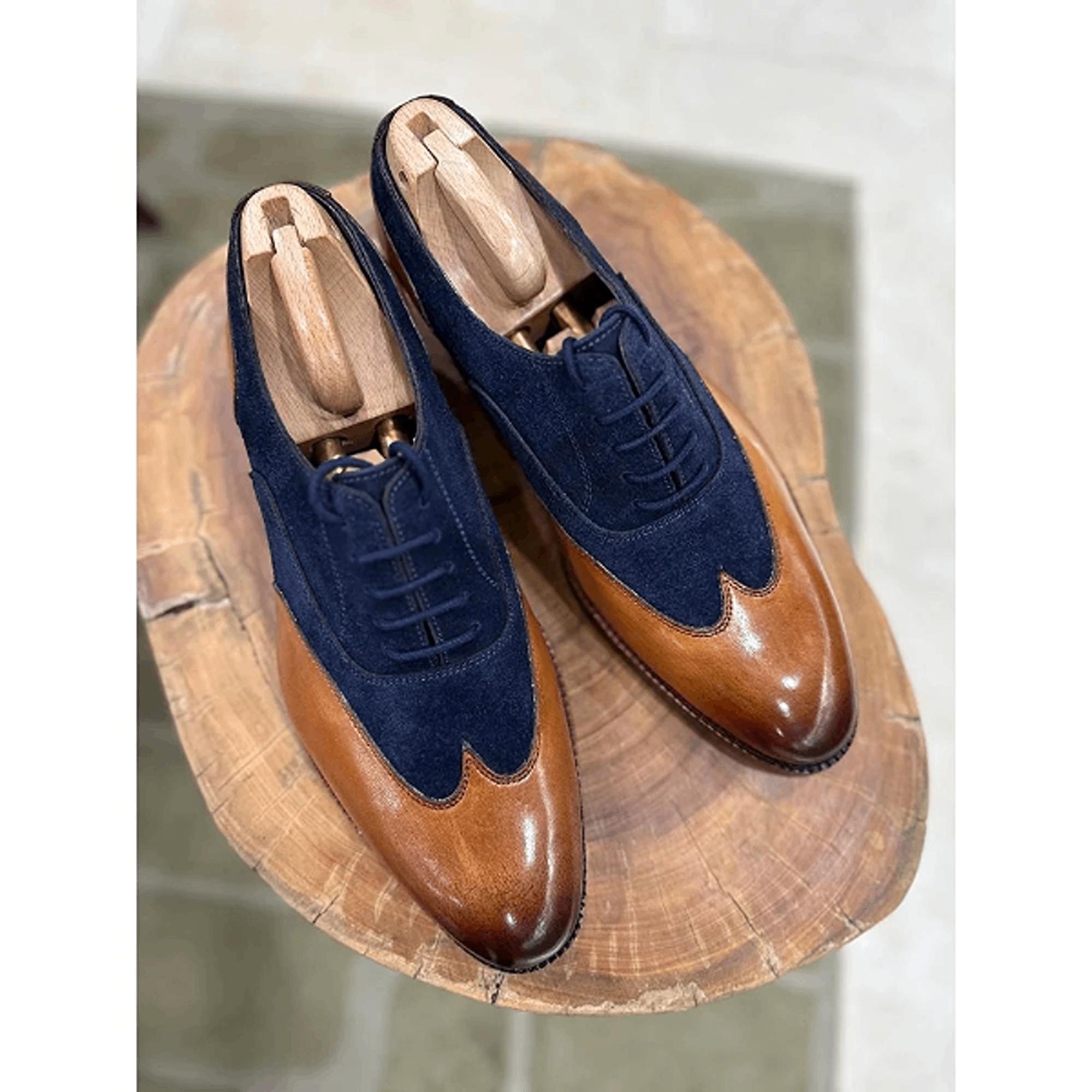 Spencer\'s Two-Tone Brown and Navy Leather Wingtip Oxfords Dress Shoe Wingtip Brown Antique & Blue Suede – Ace Marks main image 3