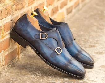 Scarpe da uomo con cinturino doppio Monk, realizzate a mano e lucidate a mano, con patina blu
