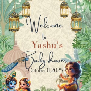 Cartello di benvenuto per baby shower indiano / striscione di benvenuto per baby shower Krishna