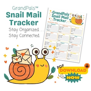 Può includere: Un documento stampabile GrandPals Snail Mail Tracker che mostra una lumaca gialla con un guscio arancione che trasporta buste. Il tracker include sezioni mensili da gennaio a dicembre con campi per occasioni speciali, date e note.