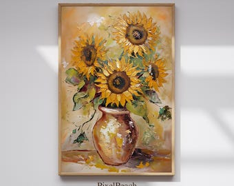 Lebendige Sonnenblumen, Vintage, Blumenvase - üppige Sonnenblume Kunstdruck, Land Bauernhaus druckbar, Vintage Blumenwanddekor, digitaler Download