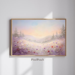Whimsical Wildflower Meadow Printable Art- Soft Pastel Floral Landscape -Digital Download Wall Art for Home Decor, Botanical Art, Pink,White
