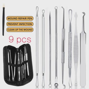 9 PCS Blackhead Remover Tools with Tweezers, 16-Heads Professional Acne Zit Extraction Kit, Pimple Popper Tool Kit, Steel Skincare Tools