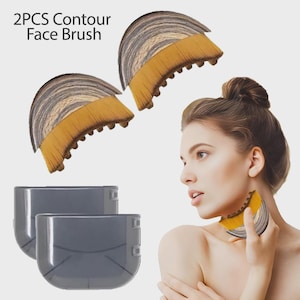 May include: Two contour face brushes with semi-circular heads featuring dense golden-brown bristles and grey patterned handles. The set includes two matching grey protective covers. The text 2PCS Contour Face Brush is visible at the top left.