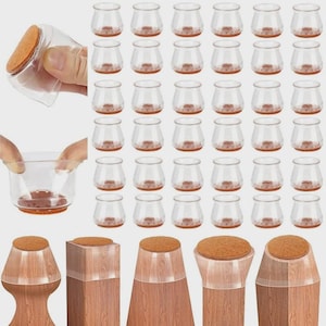 May include: Clear silicone furniture leg protectors with a felt base. The image shows multiple protectors, along with examples of how they attach to wooden furniture legs. These protectors are designed to prevent scratches on floors.