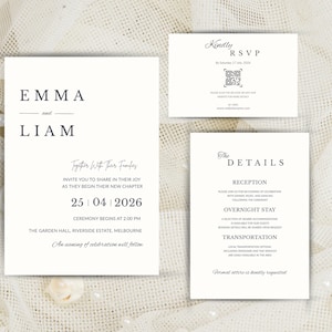 Könnte beinhalten: Hochzeitseinladungs-Set mit drei Karten. Die Hauptkarte zeigt die Namen "EMMA und LIAM" und Veranstaltungsdetails. Die RSVP-Karte enthält einen QR-Code. Die Detailkarte listet Empfang, Übernachtung und Transport auf.