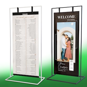 Grande placa de boas-vindas com imagem, placa de boas-vindas para casamento em preto e branco com suporte, sinalização colorida para eventos em cavalete de metal, suporte para mapa de assentos,