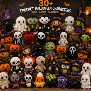 May include: A collection of over 30 small, handmade crochet Halloween characters, including ghosts, pumpkins, skeletons, witches, and monsters, arranged on wooden steps with the text 30+ CROCHET HALLOWEEN CHARACTERS CUTE SPOOKY HANDMADE.