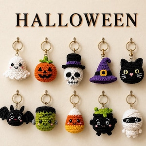 May include: Ten crocheted Halloween-themed keychains hanging from gold rings. The figures include a white ghost, orange pumpkin, skull with a top hat, purple witch hat, black cat, black bat, green monster, candy corn, black cauldron, and a white mummy.