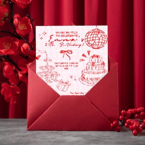 Red Coquette Birthday Invitation - Modern ESA Themed Party Template - Editable & Instant Download - Customizable Birthday Invite