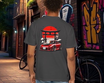 Japan RX-7 Typography T-Shirt | JDM Red Sports Car Torii Sunset Tee | Retro Streetwear