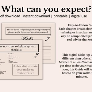 May include: Digital makeup guide with the text "What can you expect?" and "The no-stress softglam system checklist." Includes a notepad and checklist for a simplified makeup routine. The guide promises easy-to-follow steps.