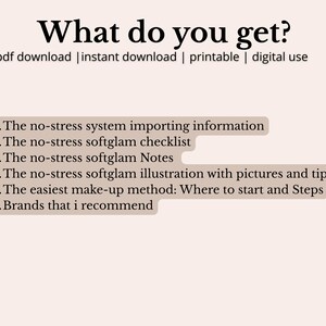 May include: A digital download graphic with the text "What do you get?" and a list of items, including a checklist, notes, and illustrations. The background is a light beige colour.