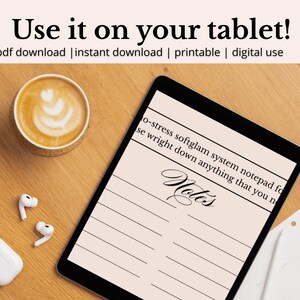 May include: A digital notepad on a tablet with the word "Notes". The image includes a cup of coffee with latte art, wireless earbuds, and the text "Use it on your tablet!" and "pdf download | instant download | printable | digital use".