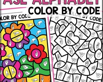 May include: Two printable ASL alphabet color by code worksheets. The first worksheet features a floral design with the letters Q, R, and S. The second worksheet features a heart shape with the letters U, V, and Y. The letters are represented by ASL hand signs.