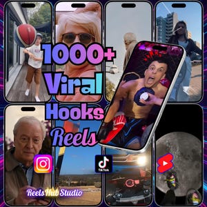 Pode incluir: Uma colagem digital de ecrãs de smartphones com vídeos. O ecrã central apresenta o texto "1000+ Viral Hooks Reels". Outros ecrãs mostram vários videoclipes, incluindo pessoas, uma bola de basquete e logótipos de redes sociais.