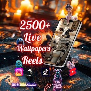 May include: A smartphone displays a cow reading a newspaper in a bathroom scene, with the text "2500+ Live Wallpapers Reels." The image includes social media icons for Instagram, TikTok, and YouTube, along with the text "Reels Hub Studio" and "DON'T TOUCH MY PHONE."