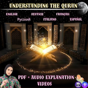May include: An illustration of an open Quran with a golden glow, surrounded by arches and a star-shaped pattern. The text "UNDERSTANDING THE QURAN" is at the top of the image. The text "PDF + AUDIO EXPLANATION VIDEOS" is at the bottom of the image.