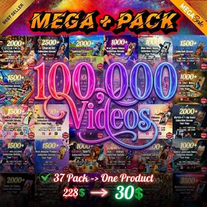 Könnte beinhalten: Eine digitale Werbegrafik mit dem Titel MEGA PACK und dem Text 100,000 Videos in großer, leuchtender, violetter und blauer Schreibschrift. Der Hintergrund ist eine Collage aus zahlreichen kleinen Videovorschaubildern.