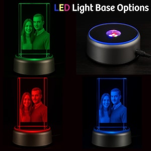 An LED light base display showcasing personalized 3D crystal photo engraving options in multiple colors. The crystal block illuminates portraits in vibrant green, red, and blue lighting for different visual effects. A close-up of the LED light base highlights its sleek design and multi-color functionality. Each light setting enhances the depth and detail of the laser-etched image inside the crystal. A versatile accessory that transforms a custom 3D crystal photo into a glowing keepsake or gift.