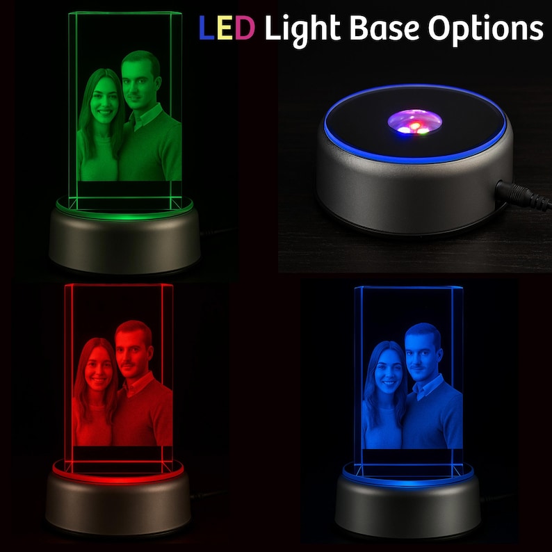 An LED light base display showcasing personalized 3D crystal photo engraving options in multiple colors. The crystal block illuminates portraits in vibrant green, red, and blue lighting for different visual effects. A close-up of the LED light base highlights its sleek design and multi-color functionality. Each light setting enhances the depth and detail of the laser-etched image inside the crystal. A versatile accessory that transforms a custom 3D crystal photo into a glowing keepsake or gift.
