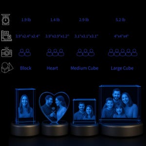 A product comparison image showcasing four types of custom 3D crystal photos: Block, Heart, Medium Cube, and Large Cube. Each crystal is laser-engraved with portraits, illuminated by LED bases, highlighting lifelike 3D details. The chart above displays dimensions, weights, and recommended number of people for each crystal size. Block and Heart crystals suit single or couple portraits, while Medium and Large Cubes fit families or groups.