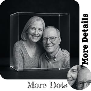 A large custom 3D crystal photo cube featuring a smiling elderly couple engraved with lifelike precision. The text “More Details” and “More Dots” emphasizes the fine laser-etched quality and sharp resolution. Close-up inset highlights the engraving clarity, showcasing subtle facial features and natural expressions. The crystal design captures treasured memories in elegant glass, perfect as a personalized keepsake. An ideal custom gift for anniversaries, birthdays, special family celebrations.