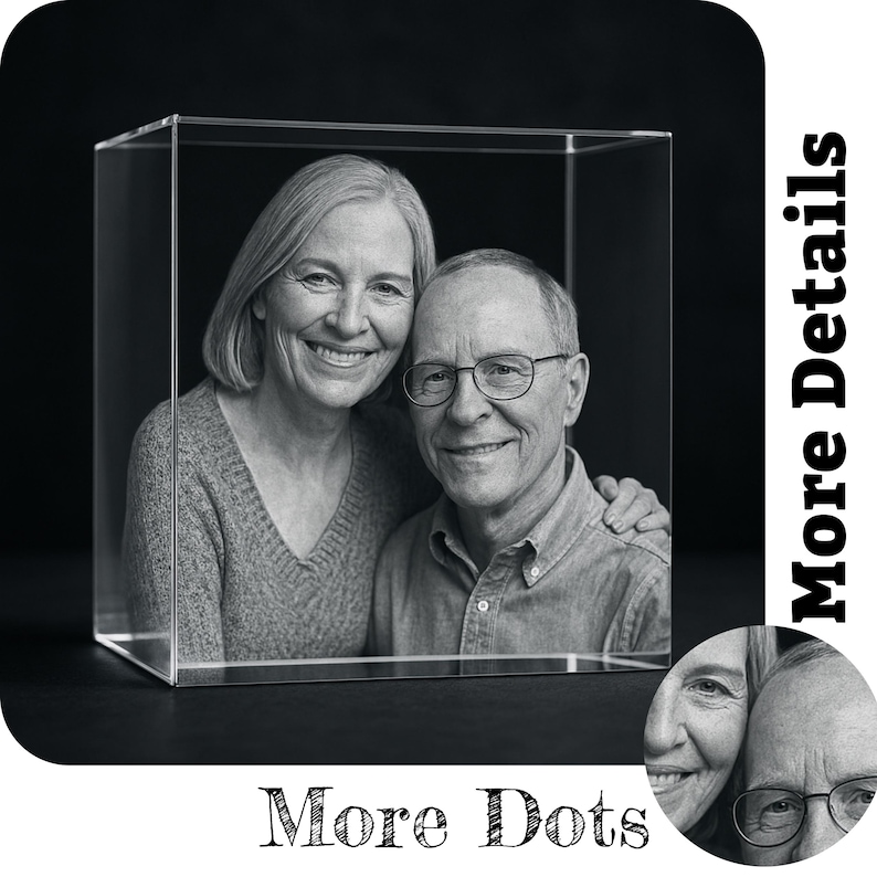 A large custom 3D crystal photo cube featuring a smiling elderly couple engraved with lifelike precision. The text “More Details” and “More Dots” emphasizes the fine laser-etched quality and sharp resolution. Close-up inset highlights the engraving clarity, showcasing subtle facial features and natural expressions. The crystal design captures treasured memories in elegant glass, perfect as a personalized keepsake. An ideal custom gift for anniversaries, birthdays, special family celebrations.