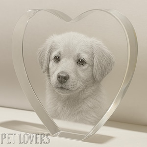 A heart-shaped 3D crystal featuring a detailed laser engraving of a puppy with lifelike expression. The crystal design captures the pet’s charm and innocence, making it a treasured keepsake. Its smooth and elegant edges add sophistication to the personalized photo gift. Perfect for pet lovers who want to preserve memories of their furry friend in crystal form.
