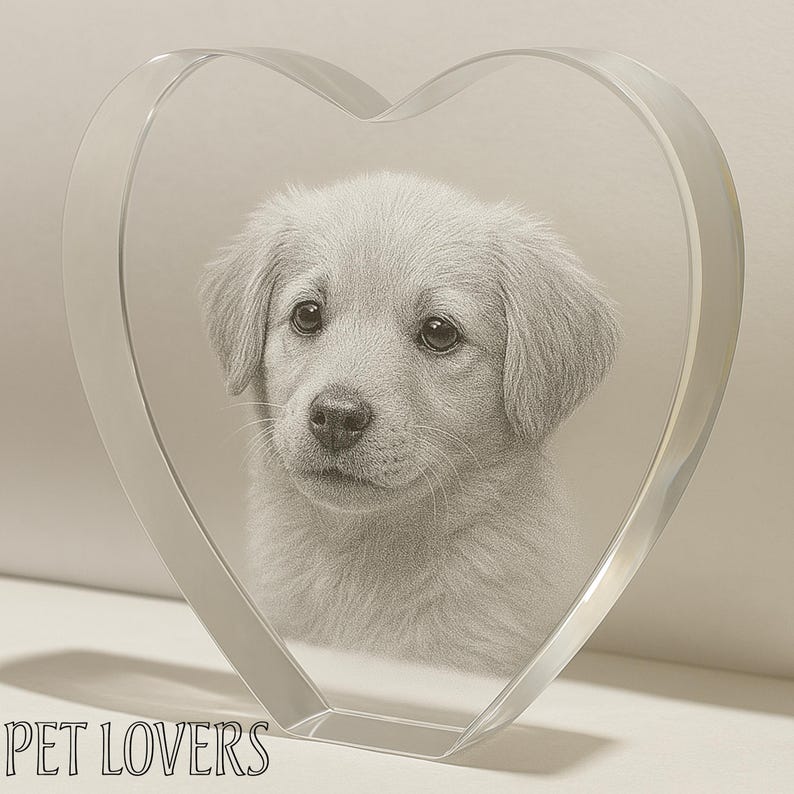 A heart-shaped 3D crystal featuring a detailed laser engraving of a puppy with lifelike expression. The crystal design captures the pet’s charm and innocence, making it a treasured keepsake. Its smooth and elegant edges add sophistication to the personalized photo gift. Perfect for pet lovers who want to preserve memories of their furry friend in crystal form.
